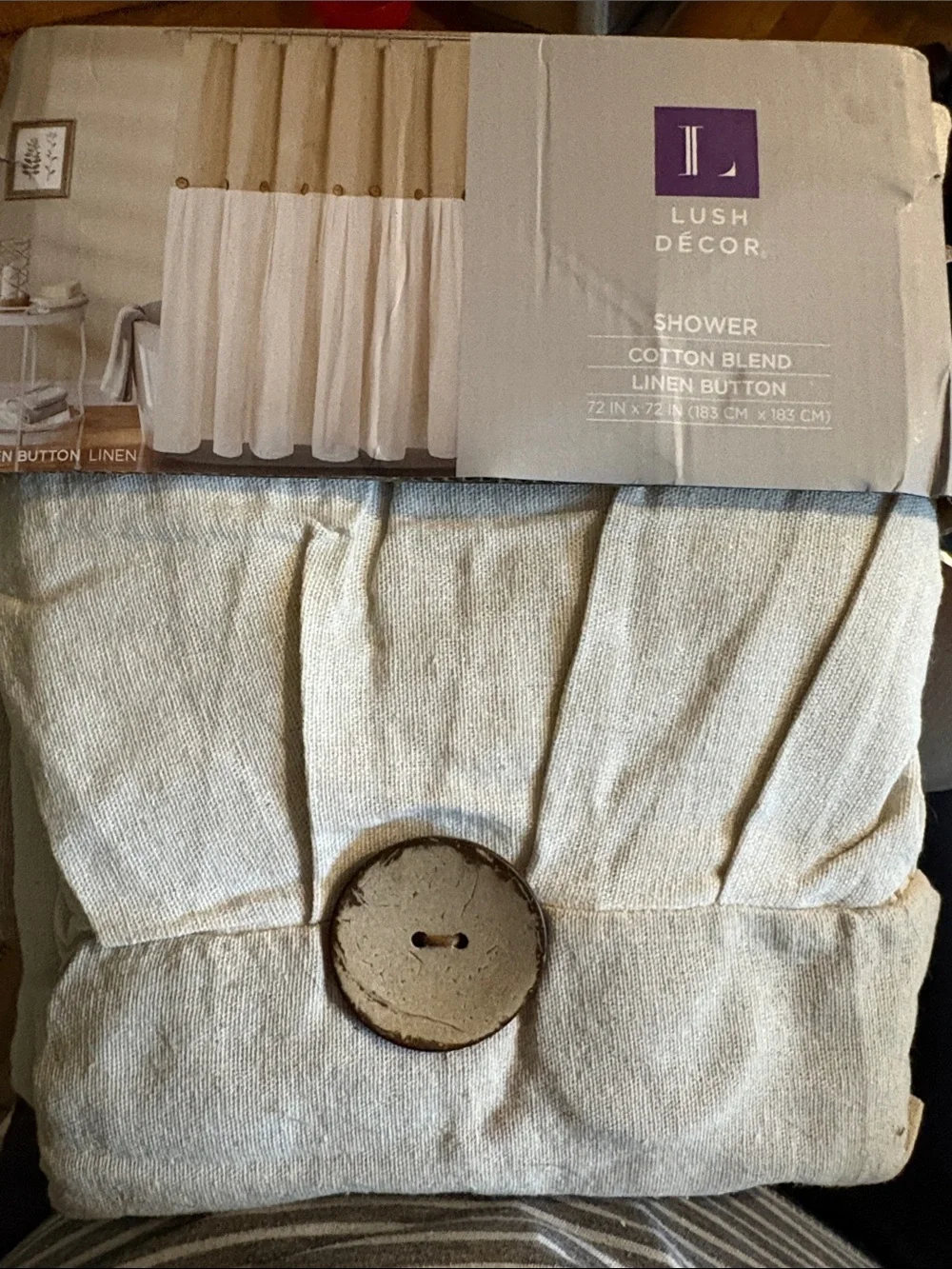 LUSH Decor Cotton Blend Linen Cream Two-Tone Shower Curtain Button Accent NWT